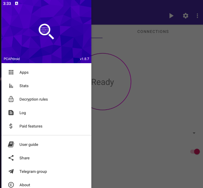 PCAPdroid menu